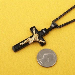 Catholic Jesus Christ on INRI Cross Crucifix Gold Silver Pendant Necklace 22"